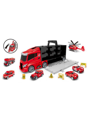 Camion CONTRUCK cu vehicule de salvare și indicatoare, poliție Rosu